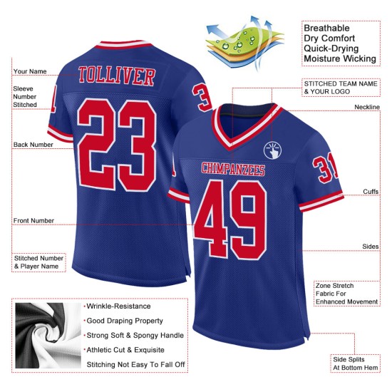 Maillot de football rétro authentique en maille rouge et blanc royal personnalisé